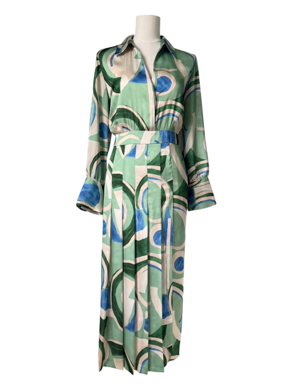 ZARA | Abstract Geometric Print Green, Cream & Blue Pleated Shirt Dress  Sz L